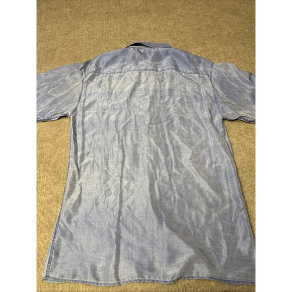 La Vanx Collection Men Shirt‎ Med Blue Silk Short Sleeve Button Up Sand Wash - Picture 6 of 9